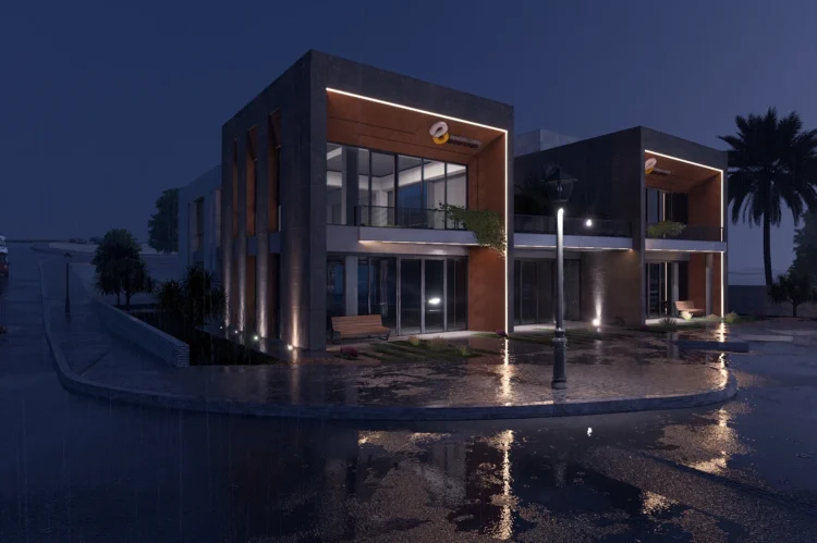 Modern ticari yapı için hazırlanan fotogerçekçi dış mekan 3D render görselleştirme çalışması.