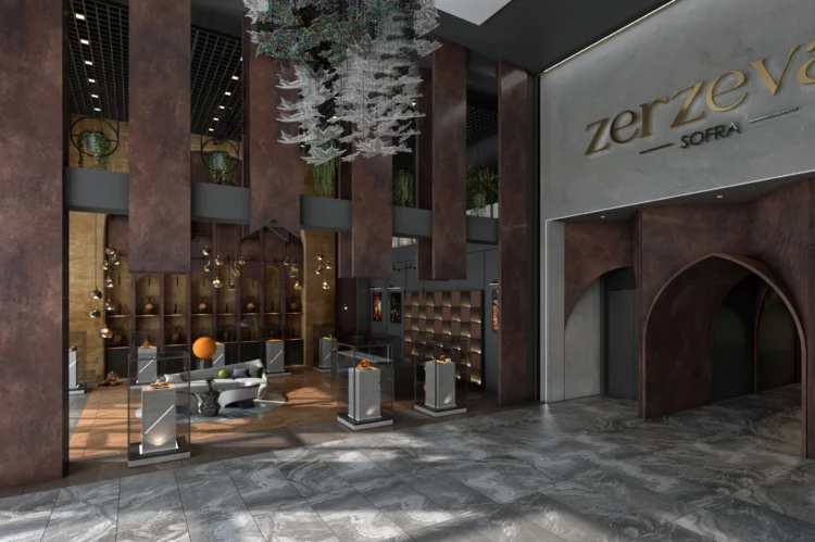 Modern restoran giriş alanı için hazırlanan fotogerçekçi 3D iç mekan render çalışması.