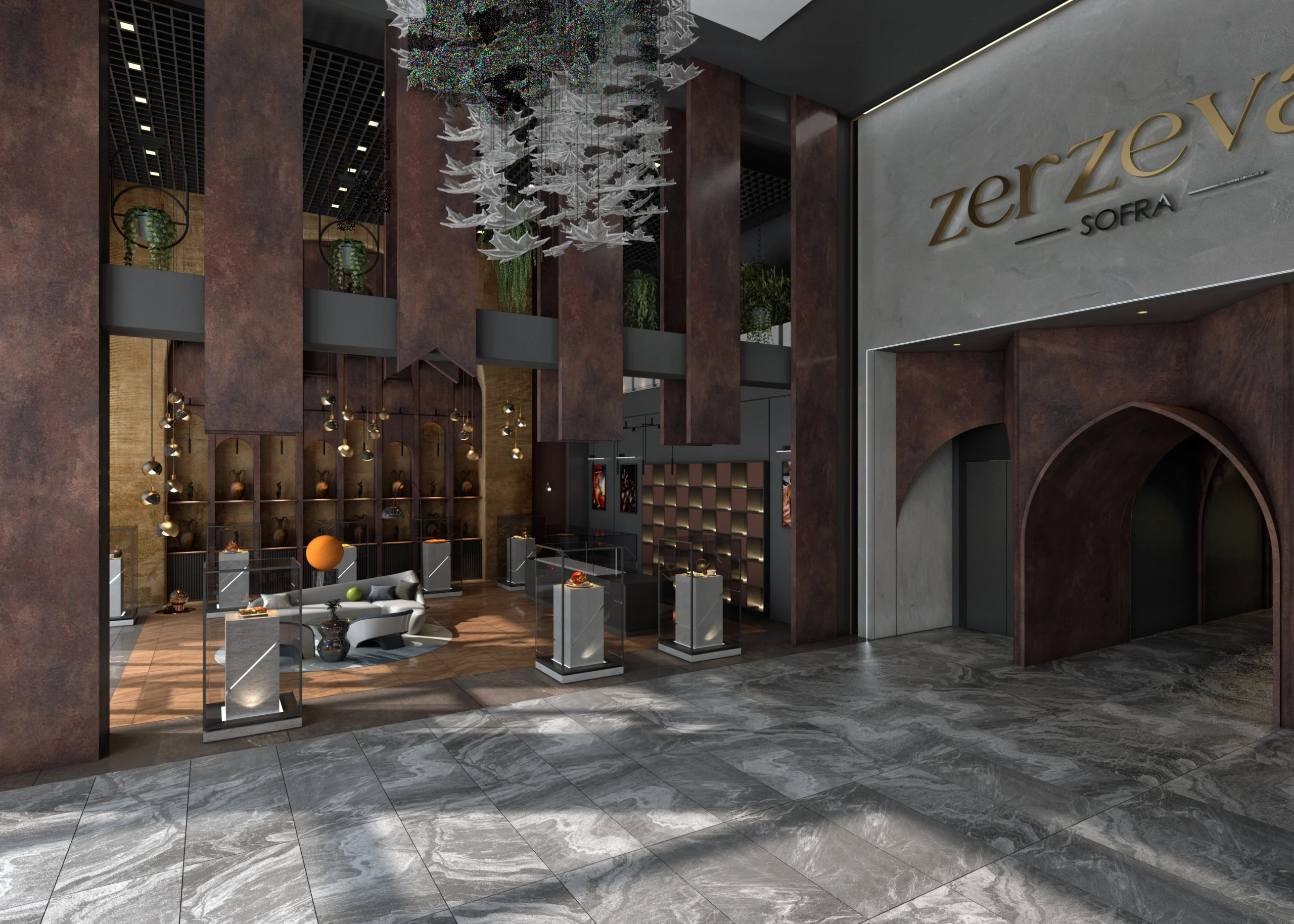 Zerzevan Fine Dining Restoran anıtsal giriş iç mekân renderı
