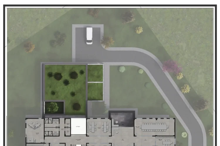 İdari bina projesi için hazırlanan 3D vaziyet planı ve kat planı görselleştirmesi.