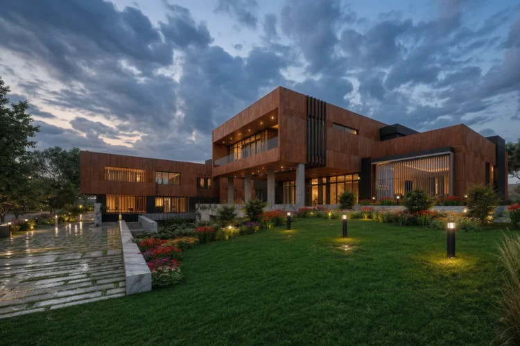 Modern villa için hazırlanan fotogerçekçi dış mekan 3D render ve peyzaj görselleştirme çalışması.