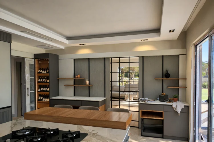 Modern villa mutfağı için hazırlanan fotogerçekçi iç mekan render çalışması.
