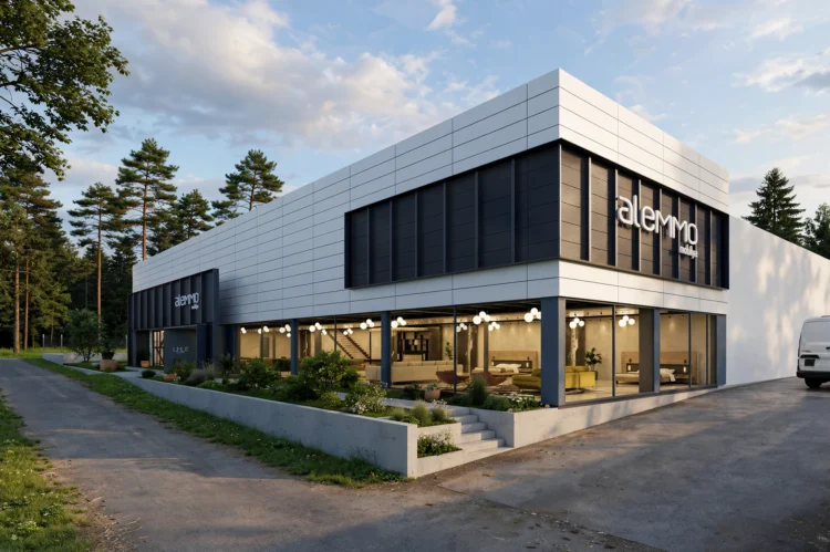 Modern mobilya mağazası için hazırlanan fotogerçekçi dış mekan render çalışması.