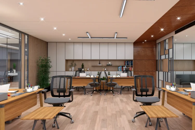 Fabrika idari bina tasarımı için hazırlanan fotogerçekçi 3D iç mekan render çalışması.