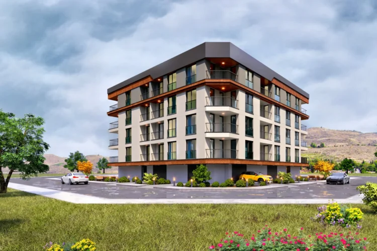 Modern apartman projesi için hazırlanan fotogerçekçi dış mekan render çalışması.