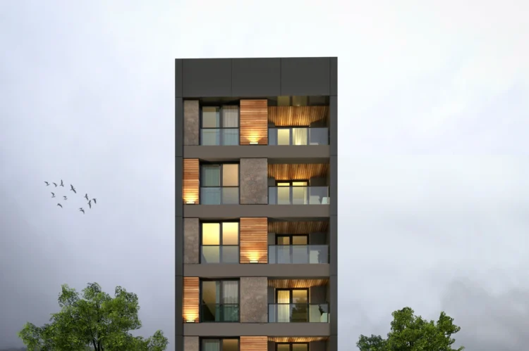Modern apartman projesi için hazırlanan fotogerçekçi dış mekan render çalışması.