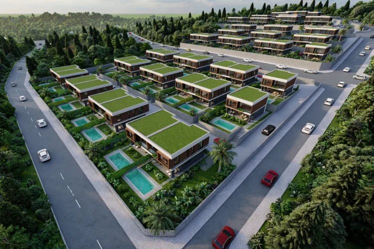 Yüzme havuzlu modern villa için hazırlanan fotogerçekçi dış mekan render çalışması.