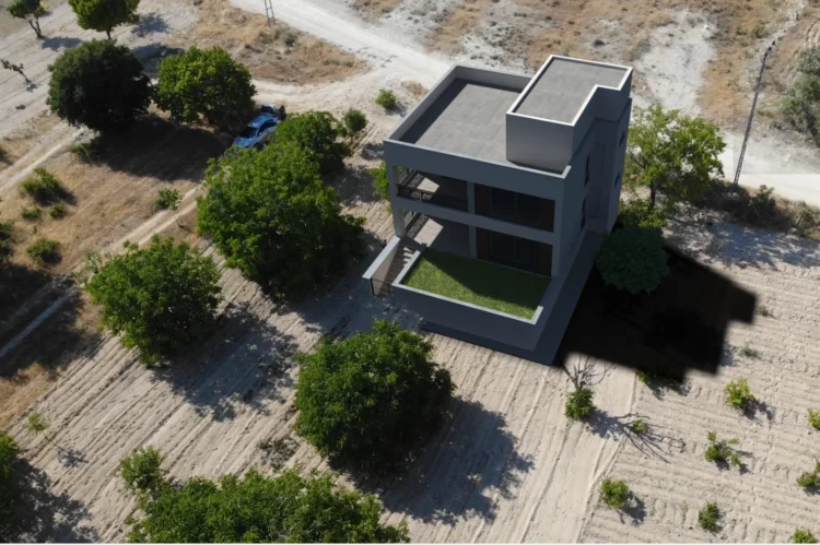 Gaziantep Şehitkamil’de bağ evi projesinin gerçek drone görüntüsü üzerine yerleştirilmiş mimari görselleştirmesi