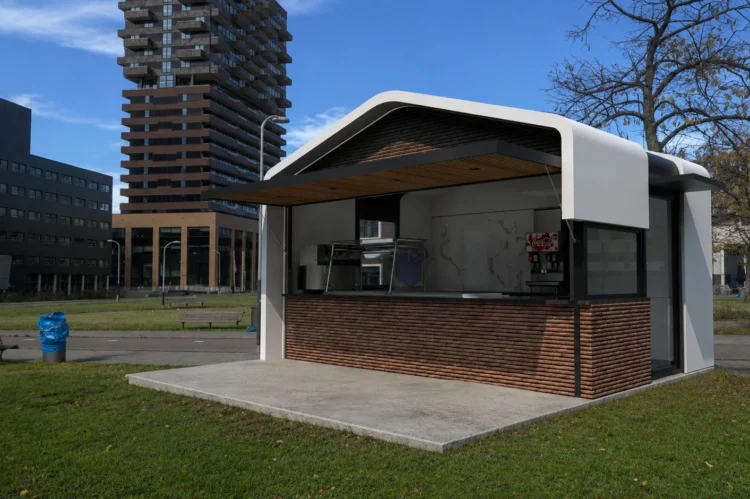 Modern büfe ve kiosk projesi için hazırlanan fotogerçekçi dış mekan render çalışması.