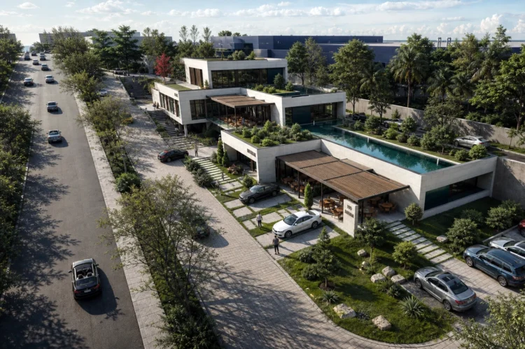 Modern iş merkezi kompleksi için hazırlanan fotogerçekçi dış mekan render çalışması.