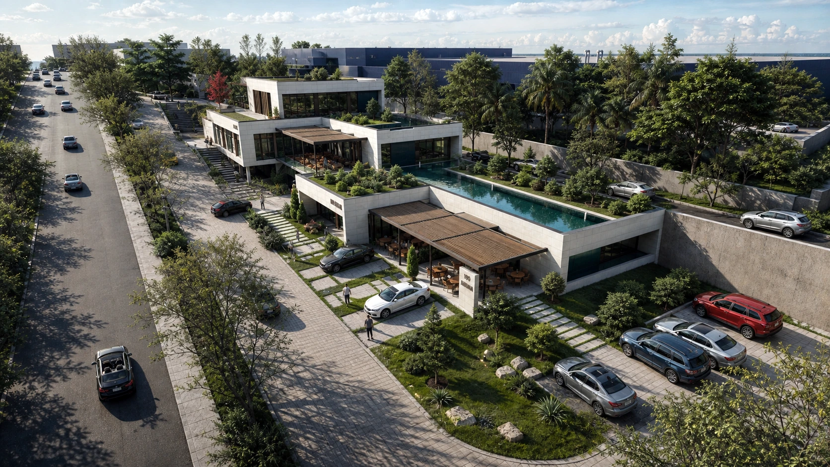 Dış mekân render fiyatlarını anlatmak için hazırlanmış modern iş merkezi dış cephe görselleştirme örneği