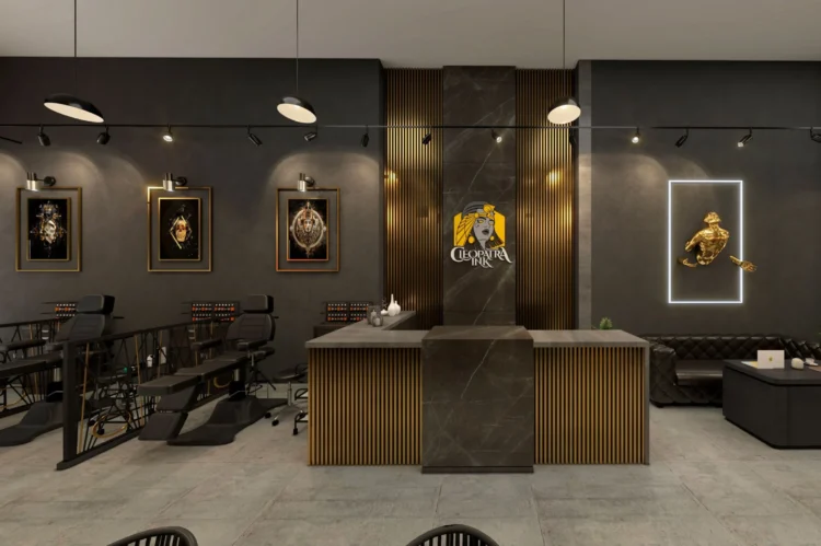 Modern dövme stüdyosu için hazırlanan fotogerçekçi iç mekan render çalışması.