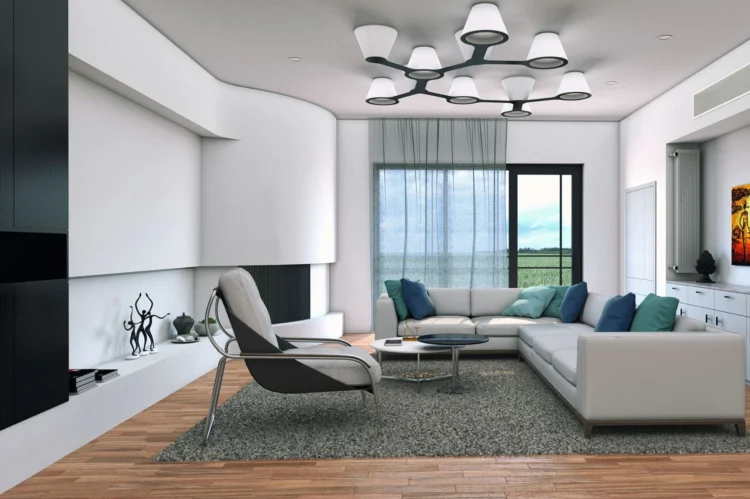 Modern salon iç mekan tasarımı için hazırlanan fotogerçekçi 3D render çalışması.