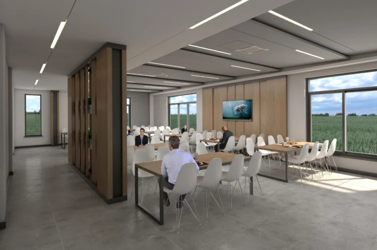 Modern fabrika iç mekan tasarımı için hazırlanan fotogerçekçi 3D görselleştirme çalışması.