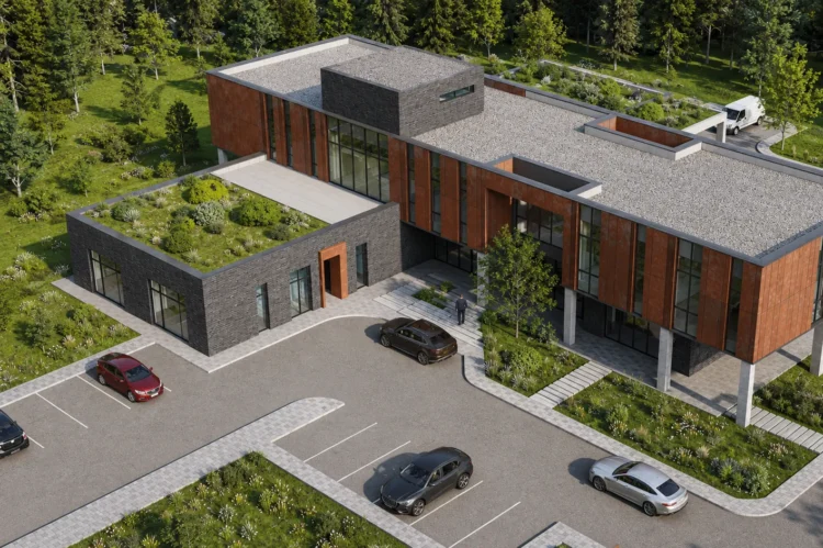 Modern idari bina için hazırlanan fotogerçekçi dış mekan render çalışması.
