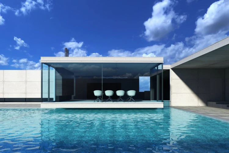 Modern villa ve sonsuz havuz tasarımı için hazırlanan fotogerçekçi dış mekan render çalışması.