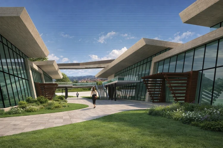 Modern üniversite kampüsü için hazırlanan fotogerçekçi dış mekan render çalışması.