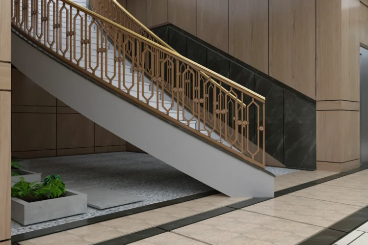 Ahşap kaplamalar ve dekoratif metal korkuluklarla tasarlanmış modern iç mekan merdiveni için hazırlanan fotogerçekçi 3D render.