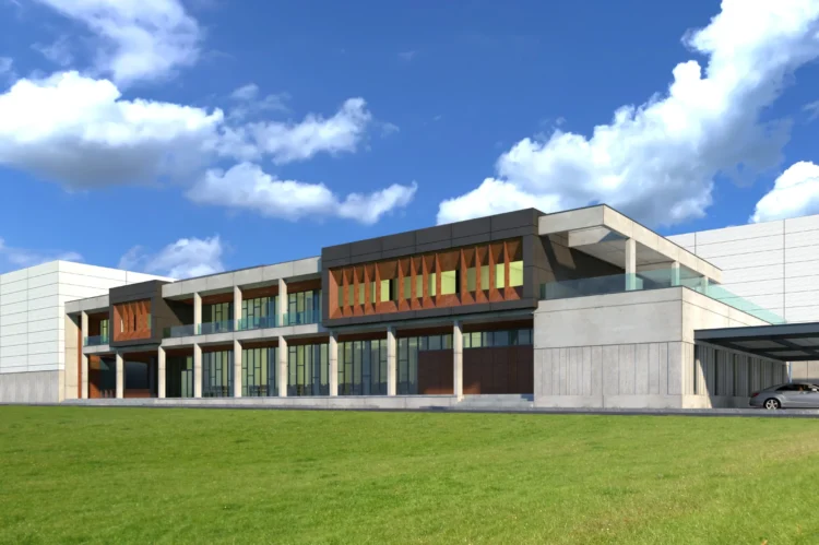 Modern fabrika ve üretim tesisi için hazırlanan fotogerçekçi dış mekan render çalışması.