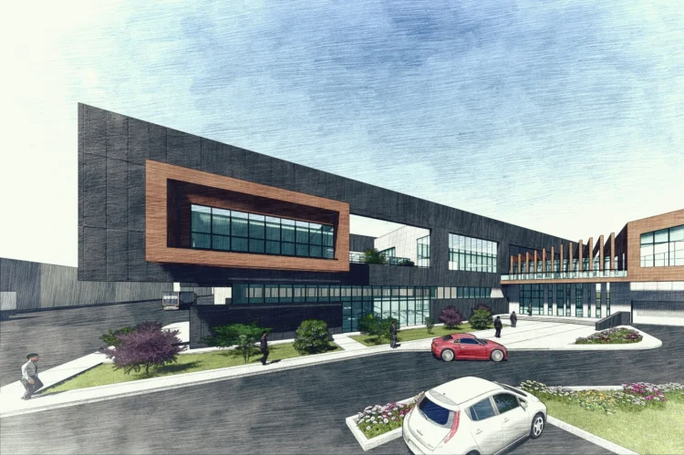 Modern fabrika idari binası için hazırlanan eskiz dış mekan render çalışması.
