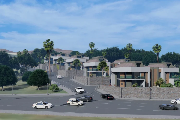 Modern ikiz villa projesi için hazırlanan fotogerçekçi dış mekan render çalışması.