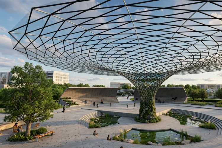 Parametrik gölgelik tasarımına sahip modern kent meydanı için hazırlanan fotogerçekçi dış mekan render çalışması.
