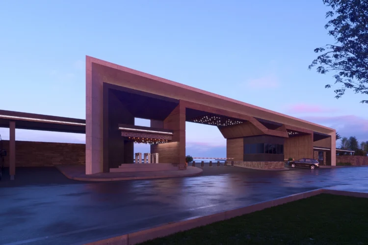 Modern fabrika idari bina girişi ve güvenlik kontrol noktası için hazırlanan fotogerçekçi dış mekan render çalışması.