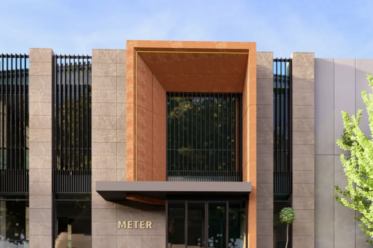 Modern fabrika idari binası için hazırlanan fotogerçekçi gece dış mekan render çalışması.