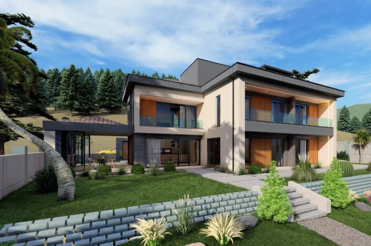 Modern villa projesi için hazırlanan fotogerçekçi dış mekan render çalışması.