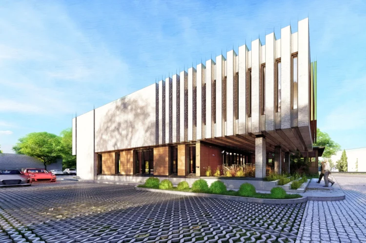 Modern restoran projesi için hazırlanan fotogerçekçi mimari dış mekan render çalışması.