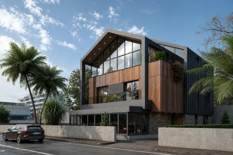 Ahşap ve taş cepheli modern villa için hazırlanan fotogerçekçi dış mekan render çalışması.