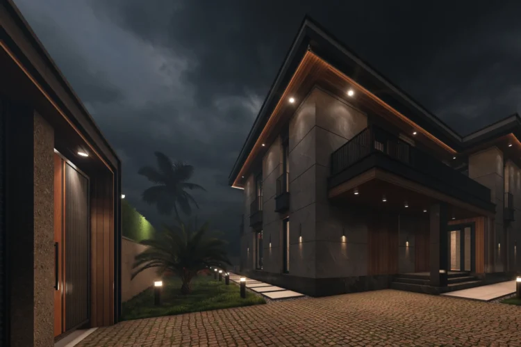 Doğal taş ve ahşap detaylara sahip modern lüks villa dış mekan render çalışması.