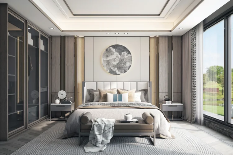Modern yatak odası tasarımı için hazırlanan fotogerçekçi 3D iç mekan render çalışması.
