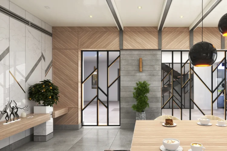 Modern villa mutfak için hazırlanan fotogerçekçi iç mekan render çalışması.