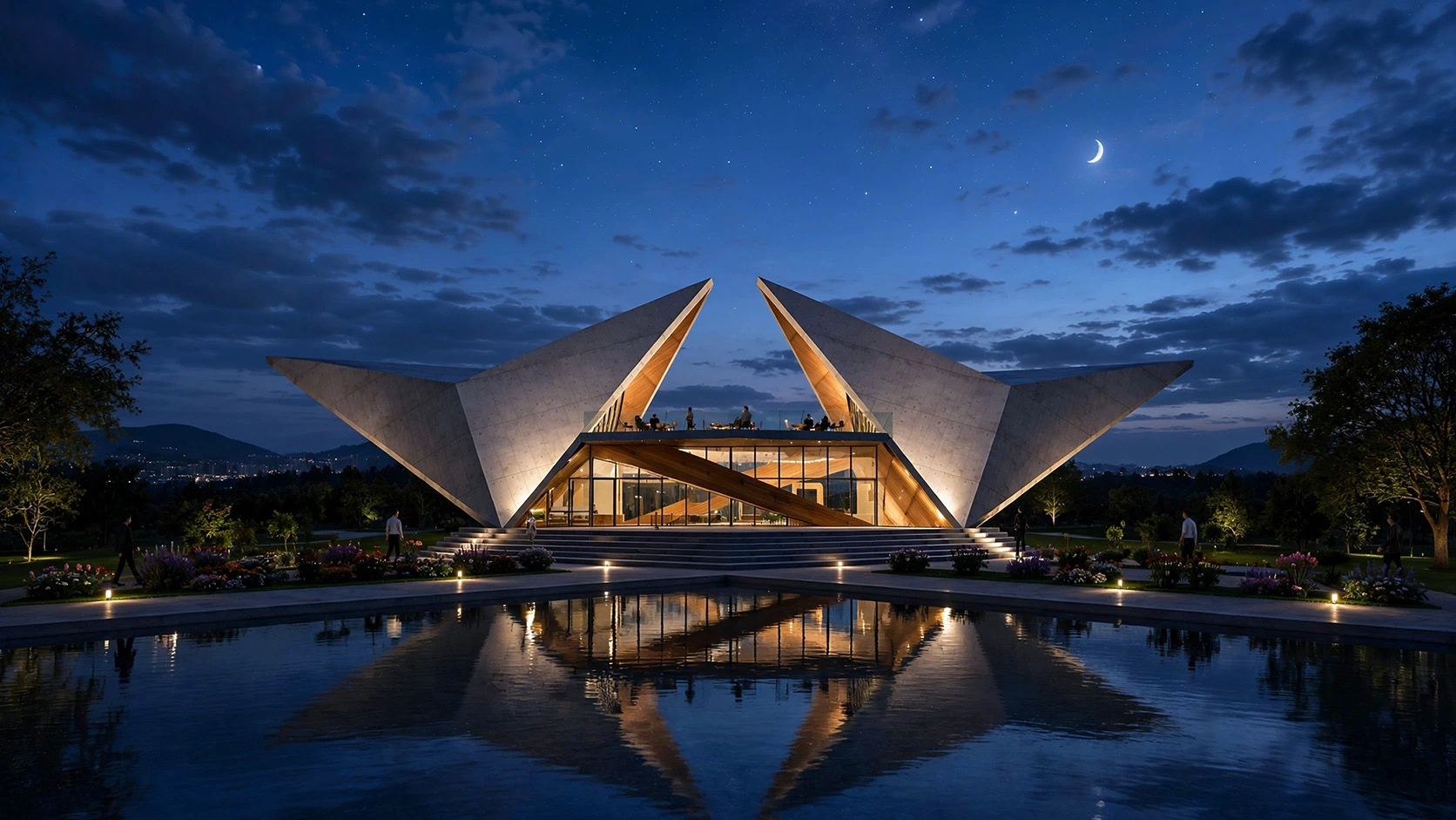 Gece ışıklandırmalı modern yapı dış mekân mimari render çalışması