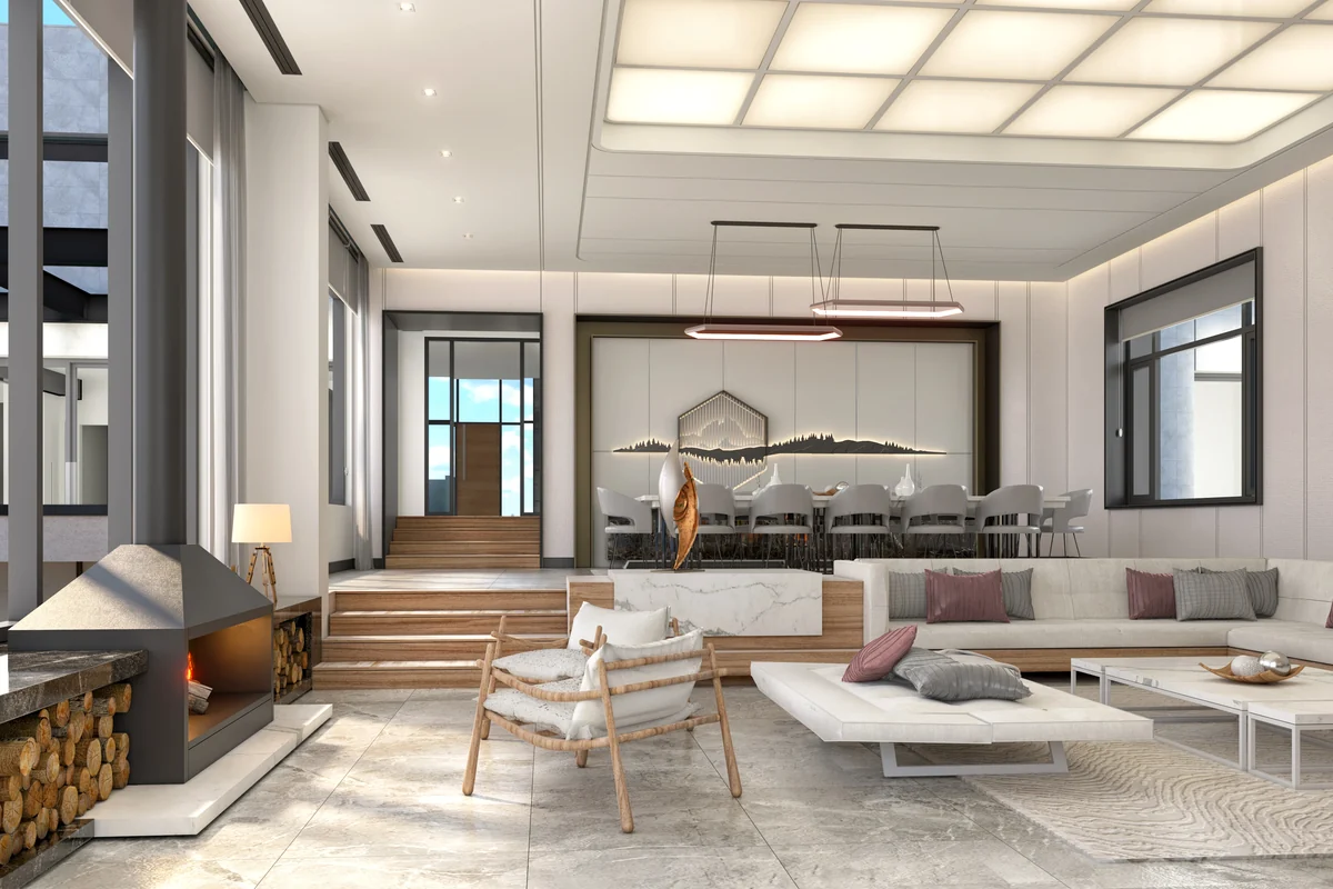 Modern bir yaşam alanı için hazırlanmış iç mekân render çalışması