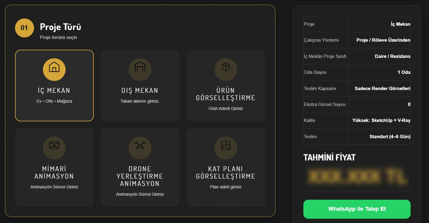 Render fiyatı hesaplama aracının proje türü, kalite, teslim süresi ve tahmini fiyat alanlarını gösteren ekran görüntüsü