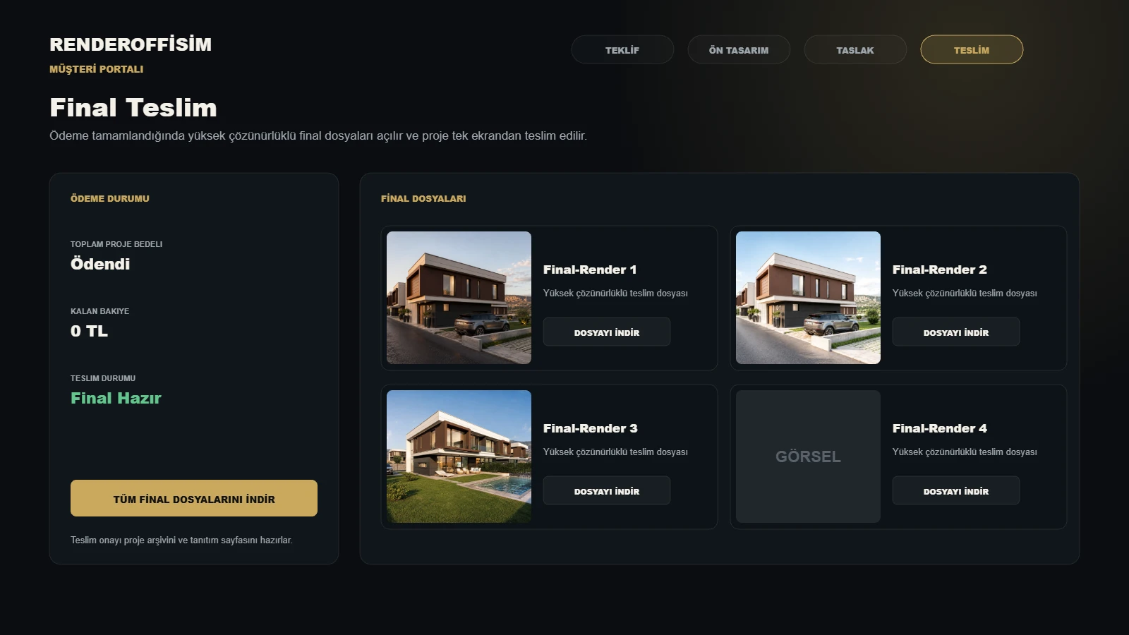 RenderOfisim müşteri portalında final dosyalarının teslim ekranı