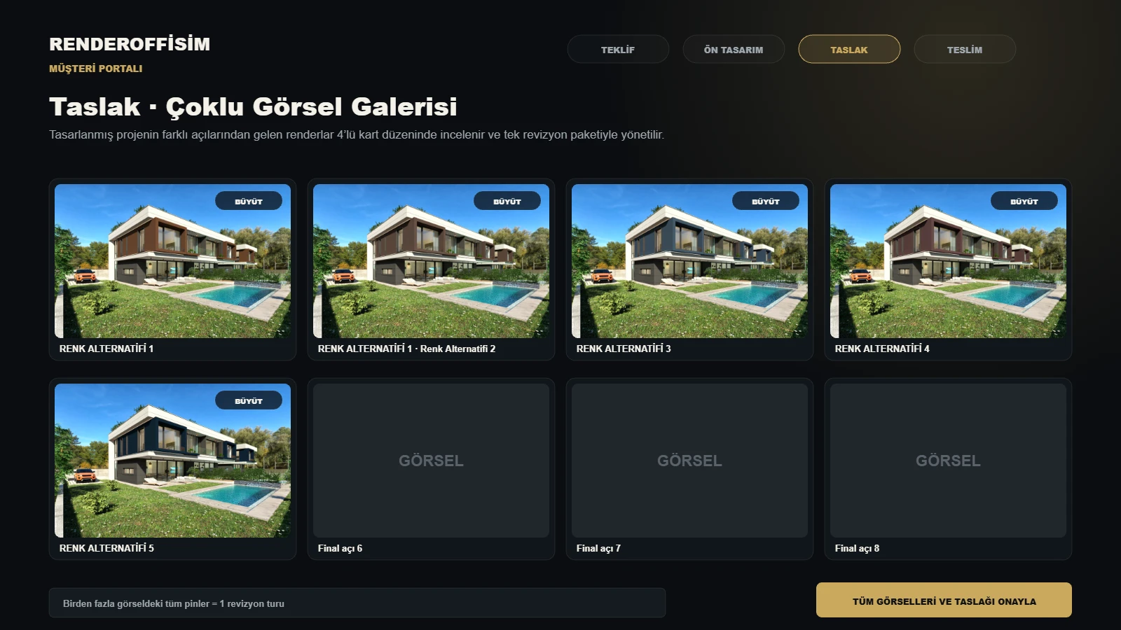 RenderOfisim müşteri portalında taslak görseller ve toplu revizyon süreci