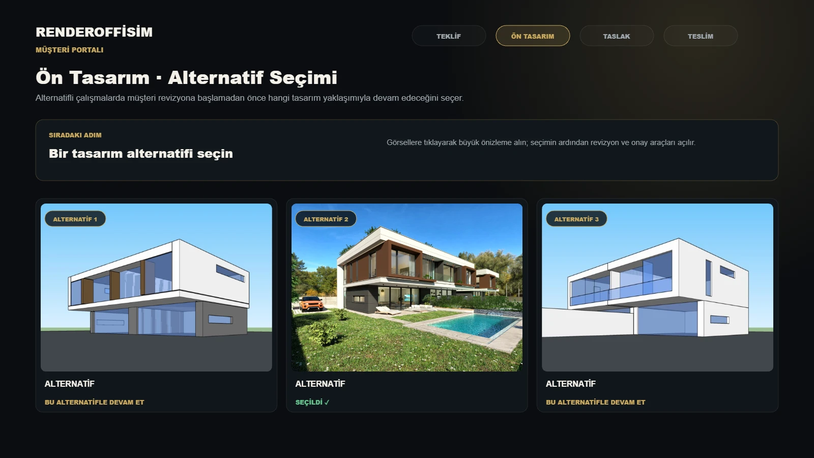 RenderOfisim müşteri portalında ön tasarım ve alternatif seçimi